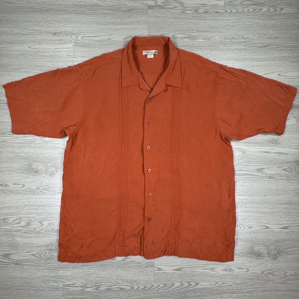 Bohio Men's Silk Button Down Shirt Embroidered Guayabera Burnt Orange 2X